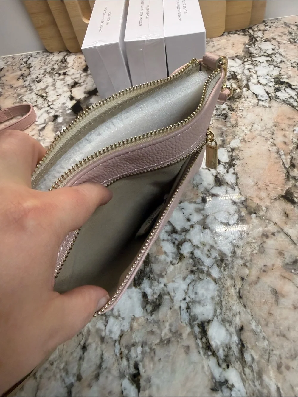 Nanette Lepore Pink and Cream Leather Wristlet with Removable Gold Cross Chain